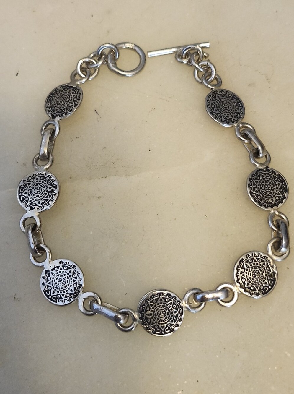 Vtg Sterling Silver Aztec Calender Medallion Link Bracelet